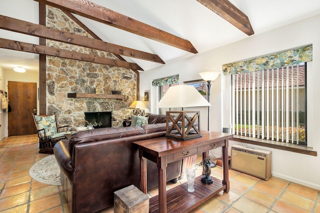 living room with a fireplace, lofted ceiling with beams, and light tile patterned floors