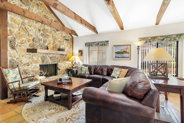 tiled living room with vaulted ceiling with beams and a stone fireplace