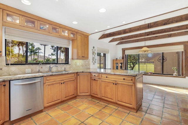 kitchen featuring sink, stainless steel dishwasher, kitchen peninsula, light stone countertops, and beam ceiling