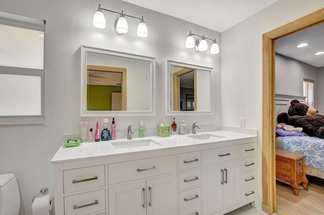 bathroom with vanity, wood-type flooring, and toilet