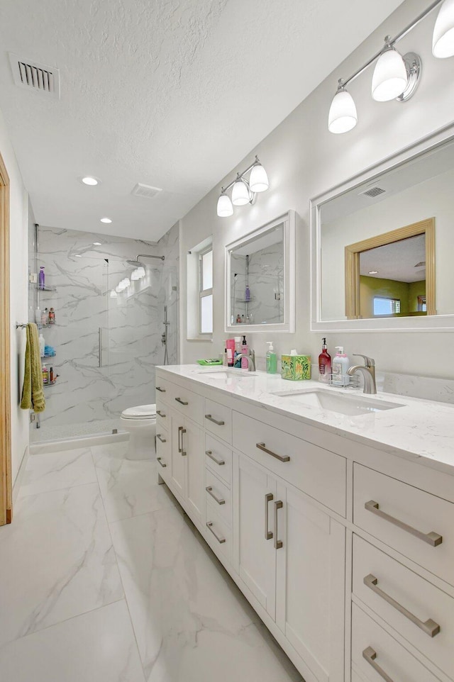 bathroom featuring a shower with door, vanity, a textured ceiling, and toilet