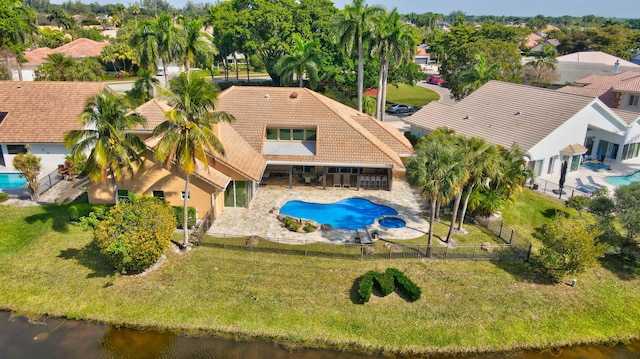 drone / aerial view featuring a water view