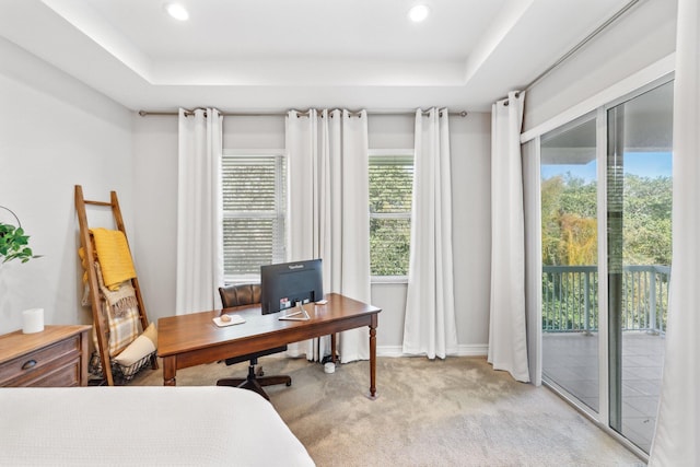 carpeted bedroom featuring access to outside and a tray ceiling