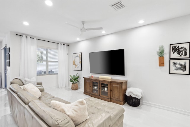 living room featuring ceiling fan