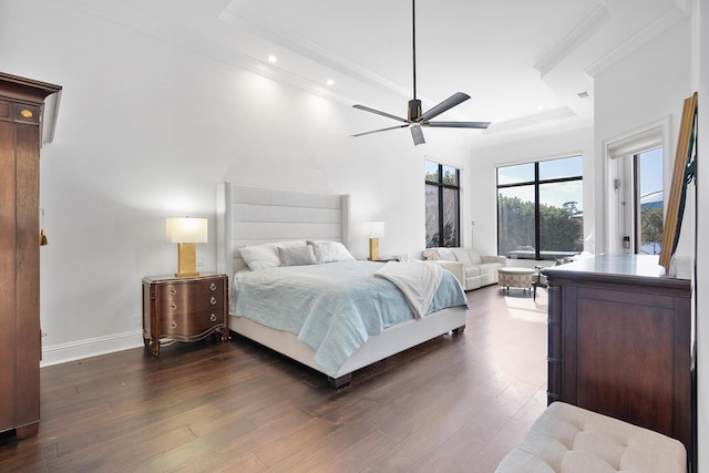 bedroom featuring dark wood-type flooring, ornamental molding, ceiling fan, and access to outside