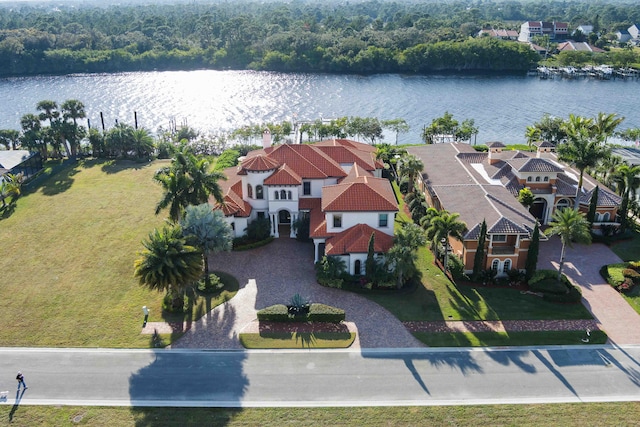 drone / aerial view with a water view