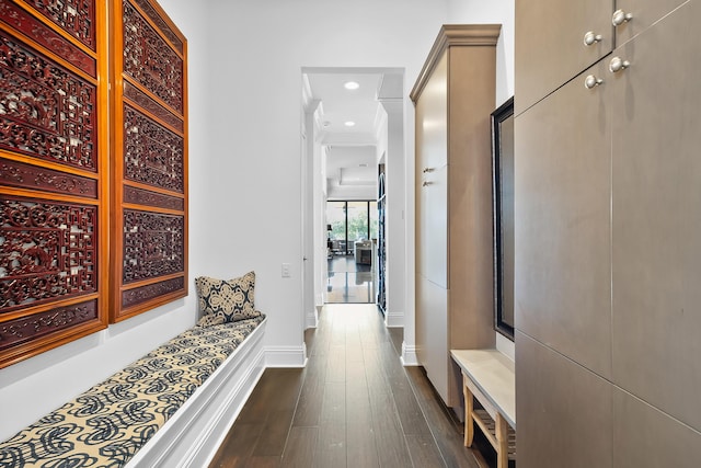 hall with dark hardwood / wood-style flooring