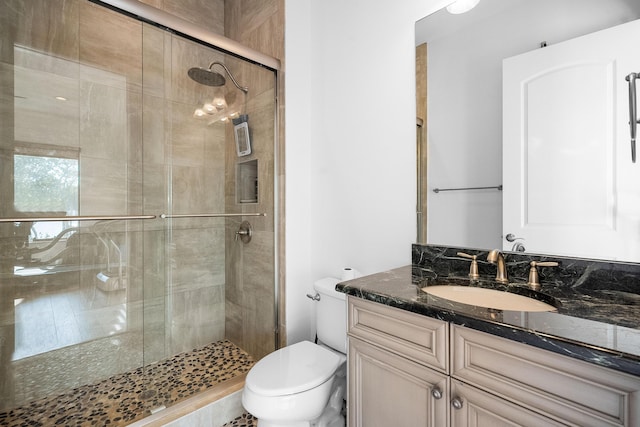 bathroom featuring a shower with door, vanity, and toilet