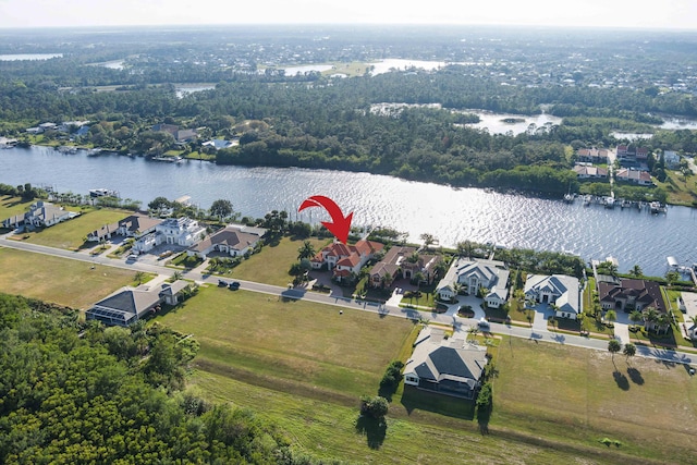 drone / aerial view featuring a water view