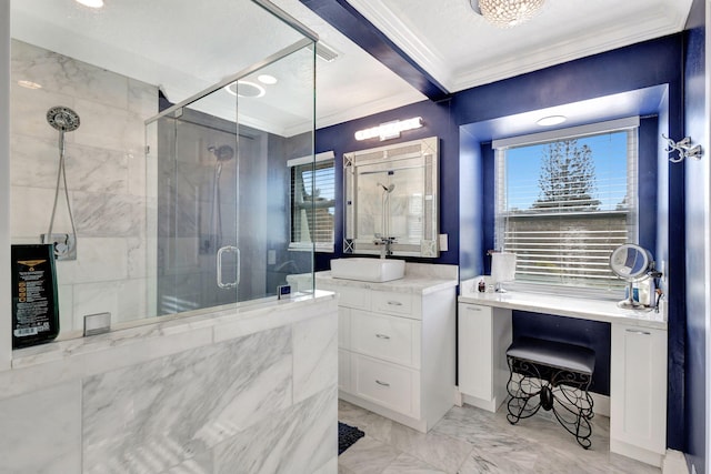 bathroom featuring crown molding, vanity, beam ceiling, and a shower with door