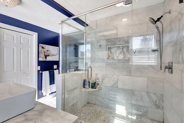 bathroom with ornamental molding and plus walk in shower