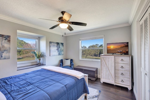 bedroom with ceiling fan, dark hardwood / wood-style flooring, a closet, and a textured ceiling