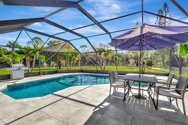 view of pool with area for grilling, glass enclosure, and a patio area