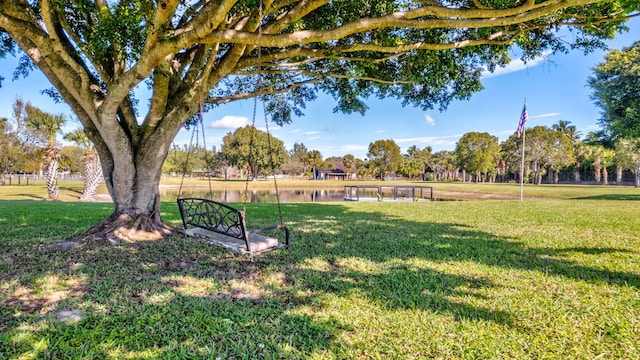 surrounding community featuring a water view and a yard