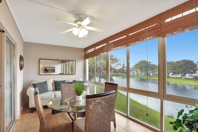 sunroom / solarium featuring ceiling fan and a water view