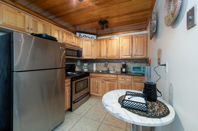 kitchen featuring sink, wooden ceiling, light tile patterned floors, appliances with stainless steel finishes, and backsplash