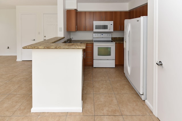 kitchen with light tile patterned flooring, sink, white appliances, and kitchen peninsula