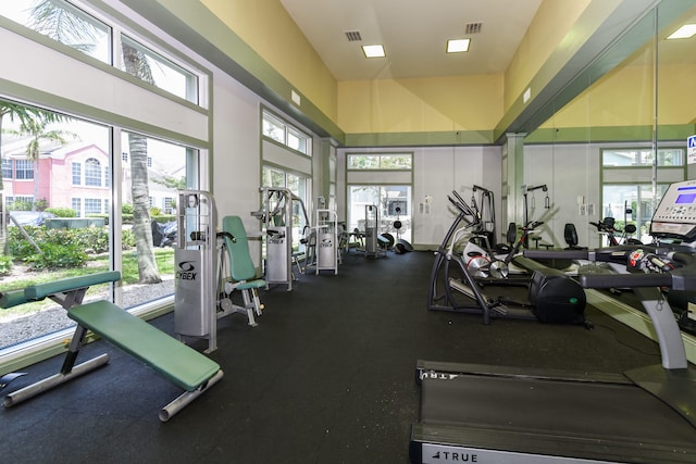 workout area featuring a towering ceiling