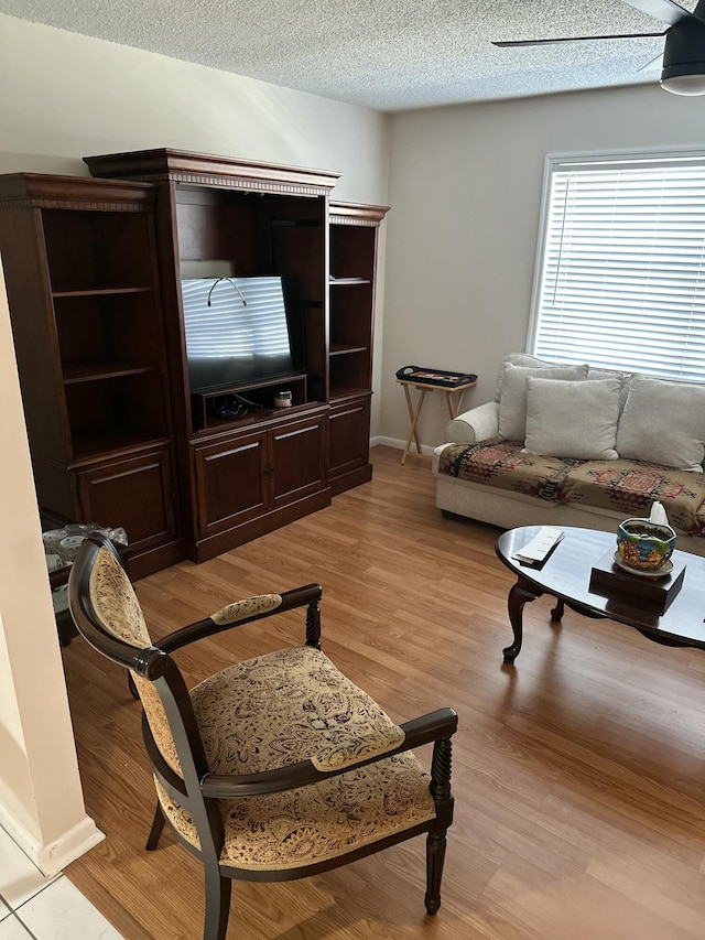 living room with light hardwood / wood-style floors and a textured ceiling