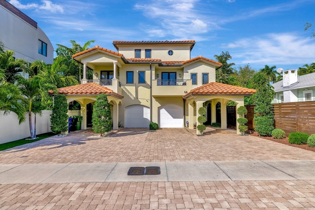 mediterranean / spanish-style home with a garage and a balcony