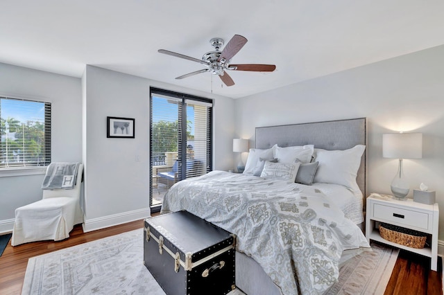 bedroom featuring wood-type flooring, access to exterior, and ceiling fan