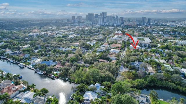 drone / aerial view featuring a water view