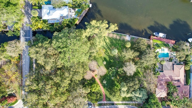 birds eye view of property featuring a water view