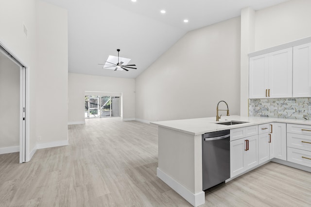 kitchen featuring white cabinetry, sink, kitchen peninsula, and dishwasher