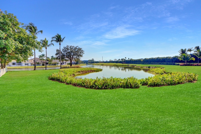 view of community with a yard and a water view