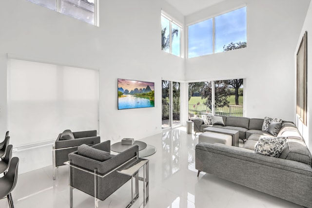 living room with a high ceiling