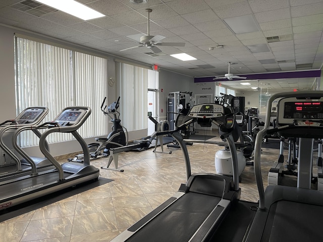 workout area with a drop ceiling and ceiling fan