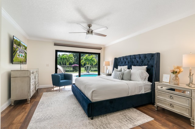 bedroom featuring a textured ceiling, access to outside, ornamental molding, dark hardwood / wood-style floors, and ceiling fan