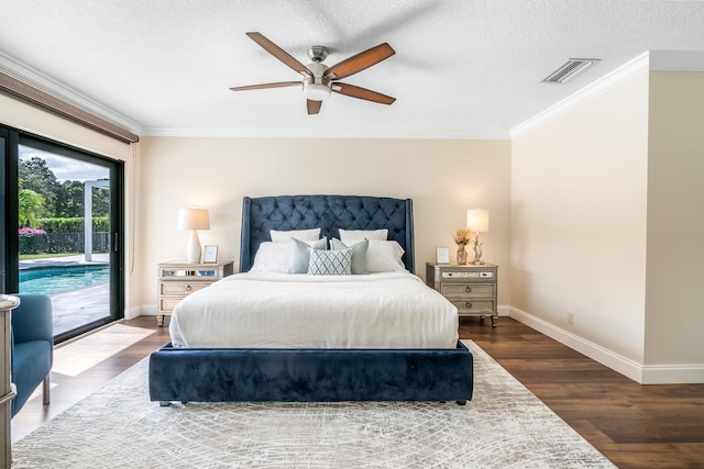 bedroom with ornamental molding, dark wood-type flooring, and access to outside