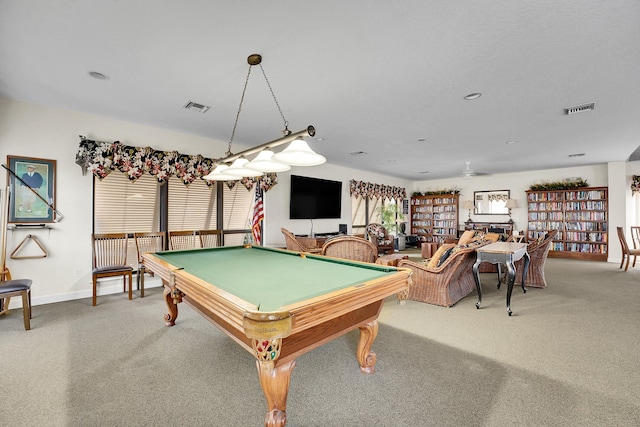 playroom with carpet and billiards