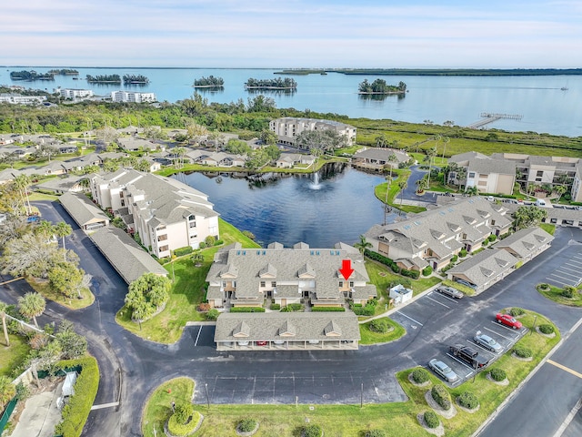 aerial view featuring a water view