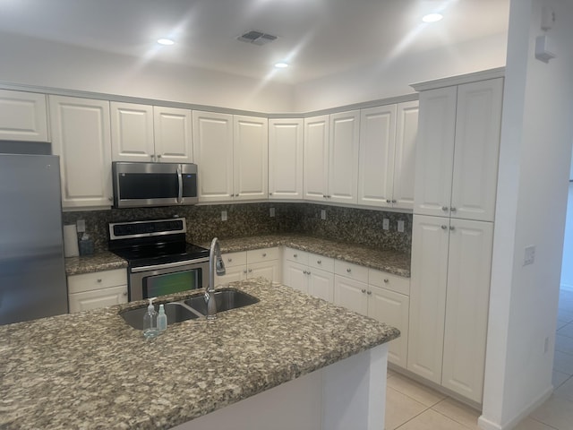 kitchen featuring visible vents, white cabinets, a sink, stainless steel appliances, and backsplash