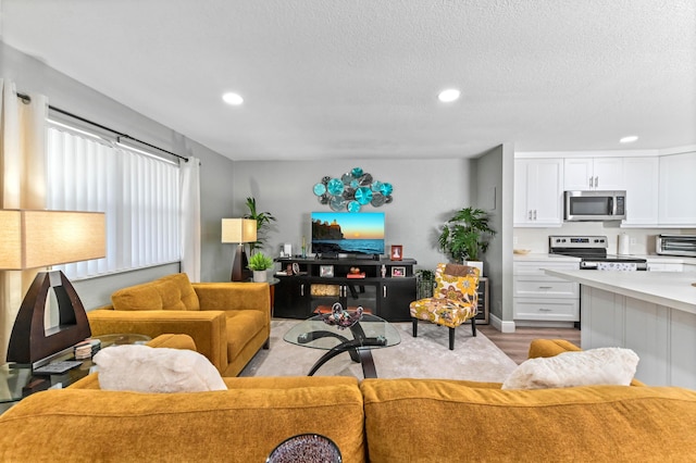 living room with light hardwood / wood-style flooring and a textured ceiling