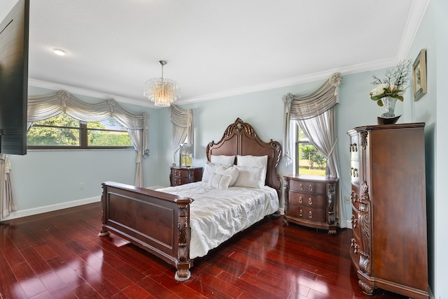 bedroom featuring crown molding, dark hardwood / wood-style floors, and multiple windows