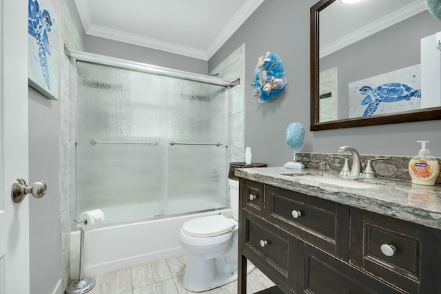 full bathroom with ornamental molding, combined bath / shower with glass door, vanity, and toilet