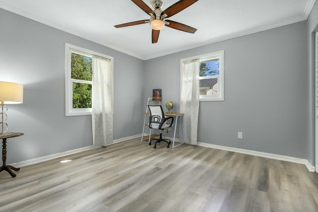 home office featuring crown molding, ceiling fan, and light hardwood / wood-style floors