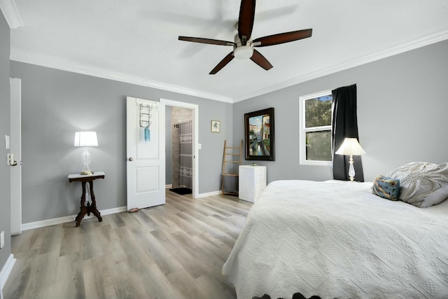 bedroom with crown molding, ceiling fan, and light wood-type flooring