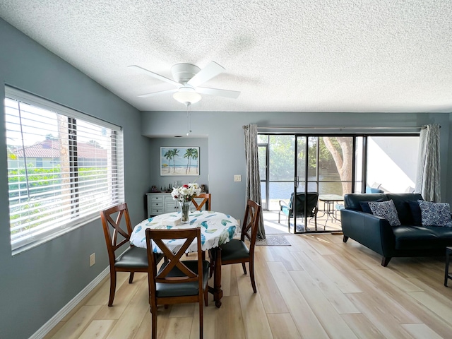 dining room featuring ceiling fan, a textured ceiling, and light hardwood / wood-style floors