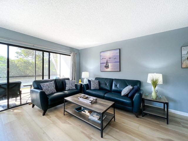 living room featuring light hardwood / wood-style flooring and a textured ceiling