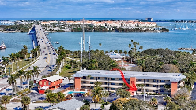 drone / aerial view with a water view