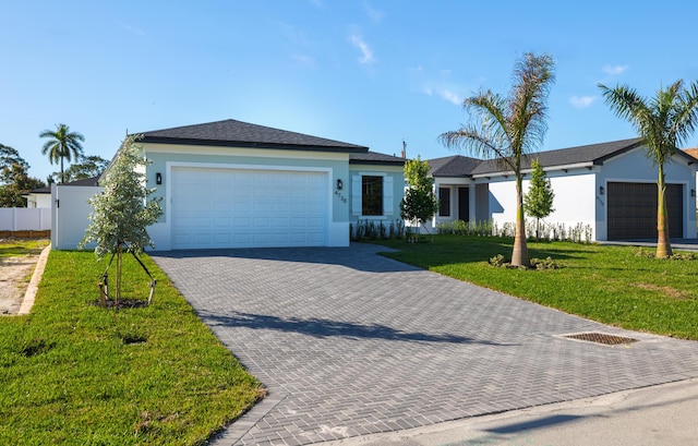 ranch-style home with a garage and a front yard