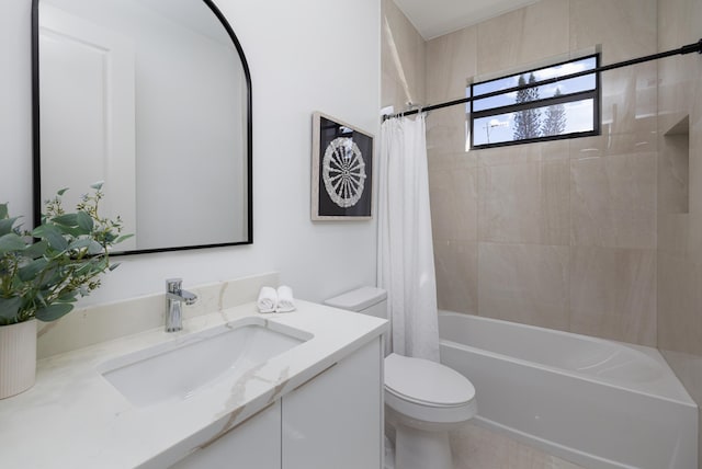 full bathroom featuring shower / tub combo, vanity, and toilet