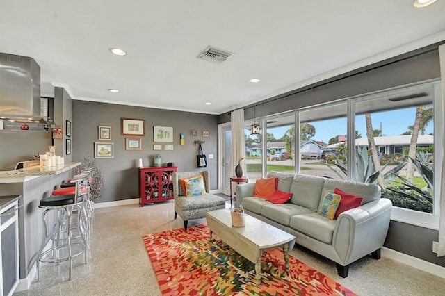 living room with crown molding