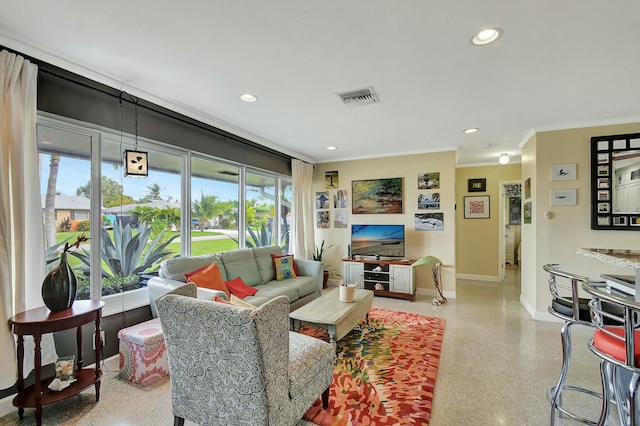 living room with ornamental molding