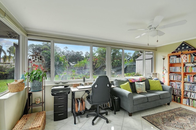 office featuring ceiling fan, ornamental molding, and light tile patterned floors