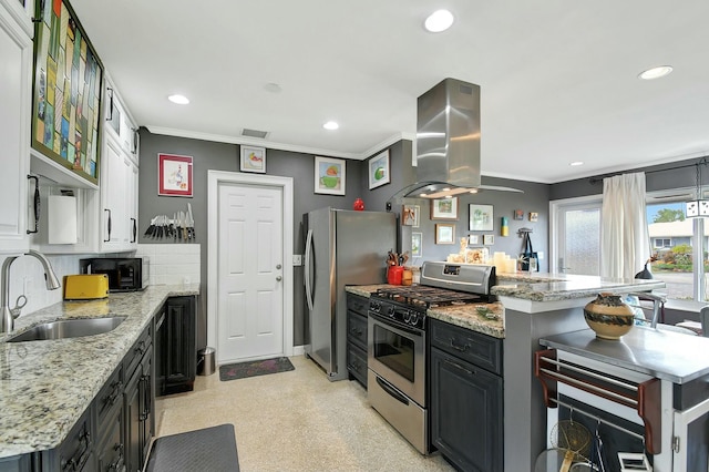 kitchen with sink, crown molding, stainless steel appliances, light stone counters, and island range hood